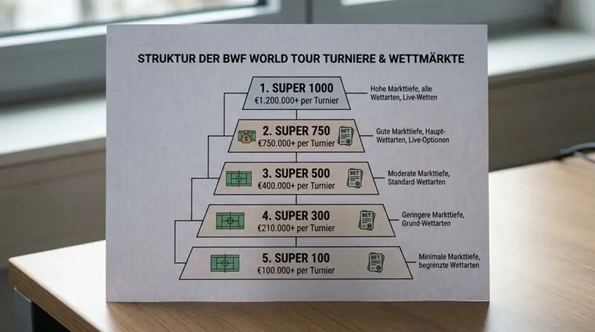 Überblick der BWF World Tour Stufenstruktur von Super 1000 bis Super 100 für Badminton-Kombiwetten