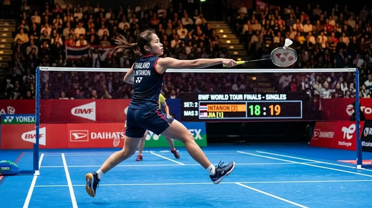 Badminton Handicap-Wette in der Kombiwette – Spieler bei einem BWF World Tour-Match mit Anzeige des Spielstands