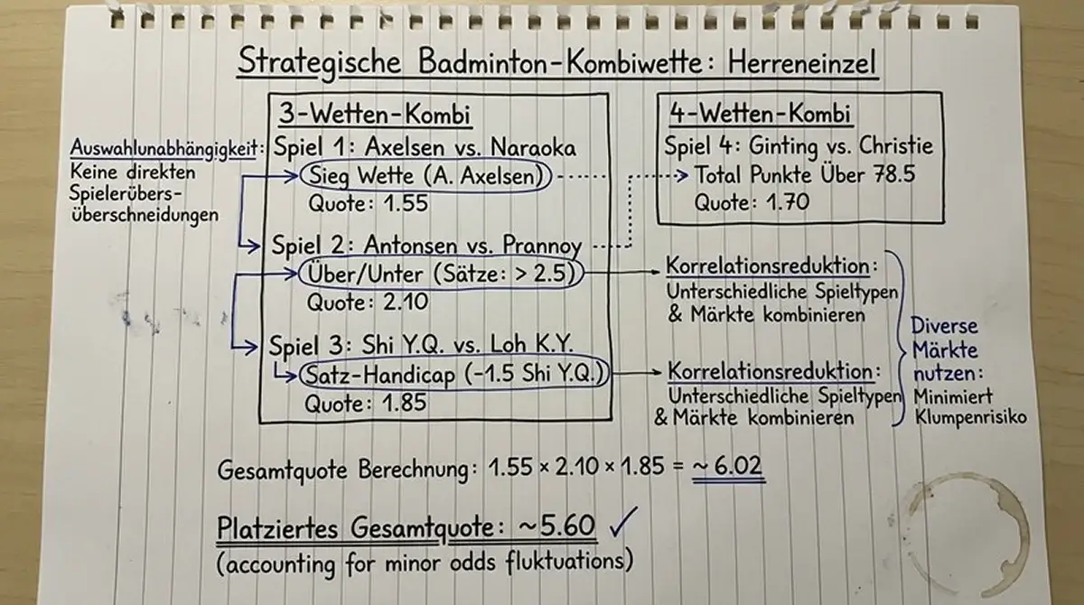 Aufbau von 3er- und 4er-Kombiwetten-Slips im Badminton-Herreneinzel mit unabhängigen Matchauswahlen