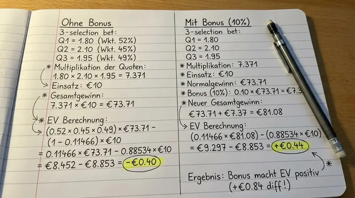 EV-Berechnung Badminton Kombi-Bonus: Erwartungswert eines 3er-Kombis mit und ohne Quotenaufschlag