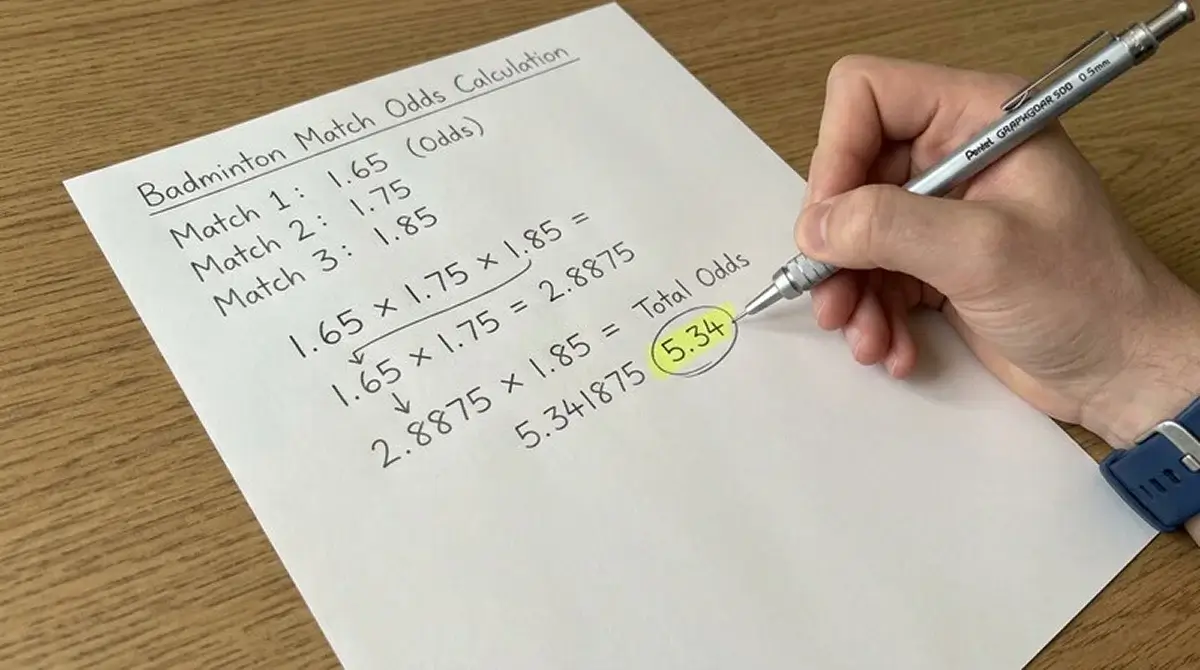 Quotenmultiplikation bei Badminton-Kombiwetten: Schritt-für-Schritt-Berechnung der Gesamtquote eines Dreier-Slips