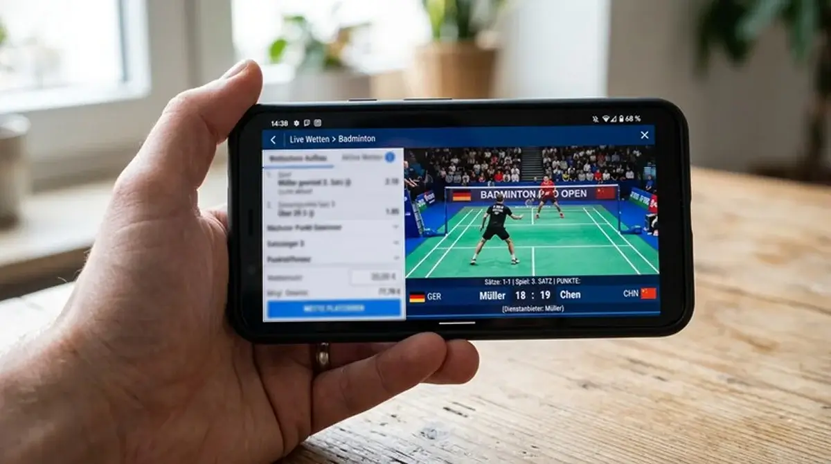 Live-Kombiwette auf Badminton in Deutschland – Smartphone mit In-Play-Wettoberfläche bei laufendem BWF-Match