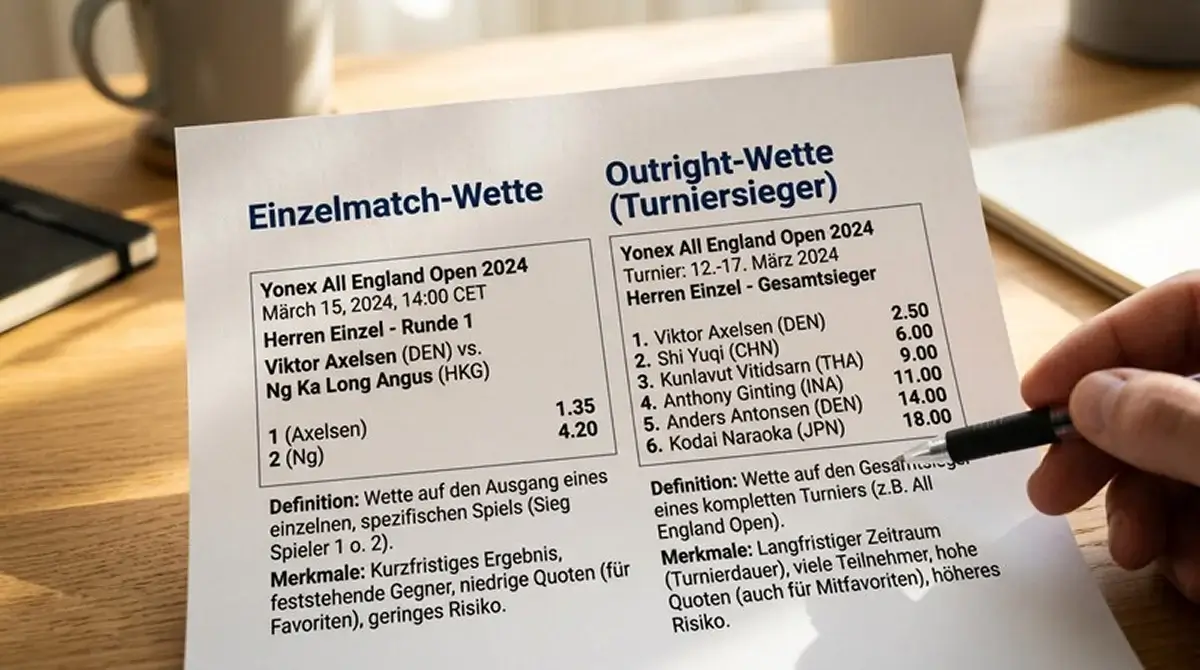 Badminton Outright-Markt für Turniersieger im Gegensatz zur Match-Siegwette: Quotenvergleich Einzelmatch vs. Langzeitwette
