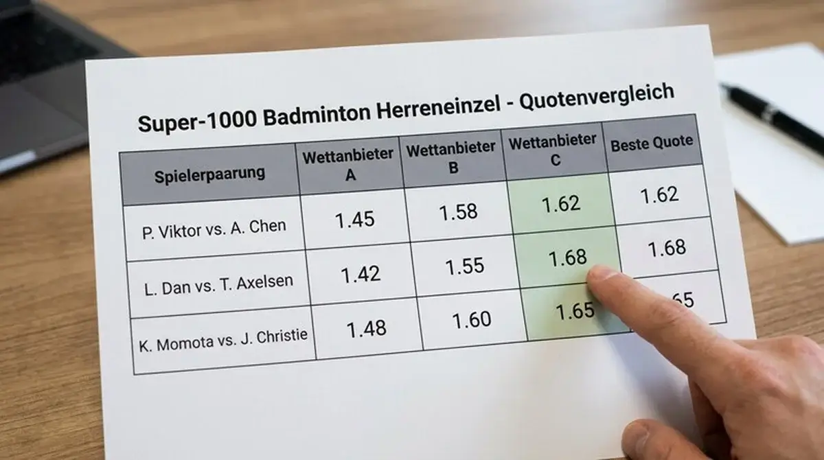 Tabelle mit Quotenvergleich für Badminton-Herreneinzel bei Super-1000-Events zwischen GGL-lizenzierten Anbietern