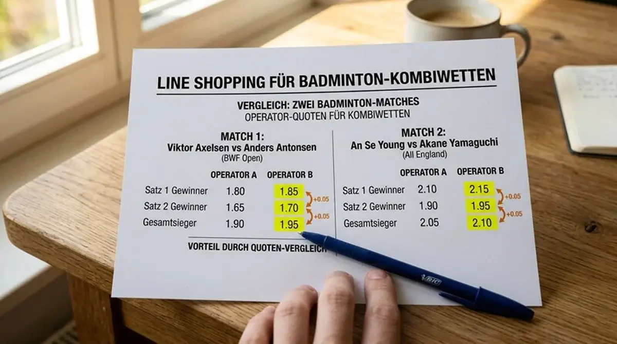 Prinzip des Line Shoppings für Badminton-Kombiwetten: Quotenvergleich zweier Anbieter für denselben Match