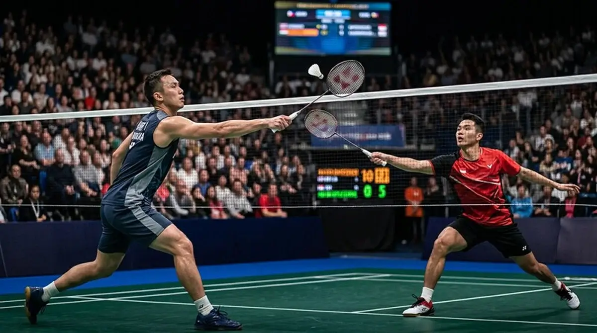 Badminton Satzwette in der Kombiwette – Spieler am Netz während eines engen Satzes