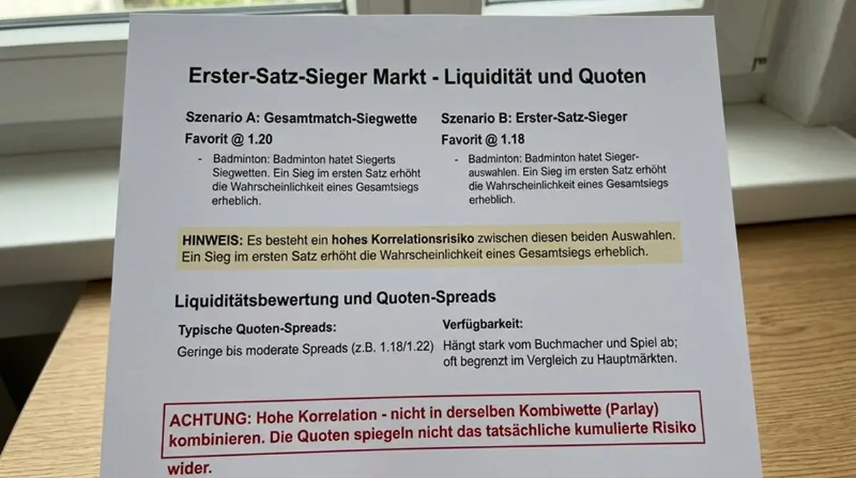 Erster-Satz-Sieger als Kombi-Baustein beim Badminton: Quoten, Liquidität und Korrelationsrisiko erklärt