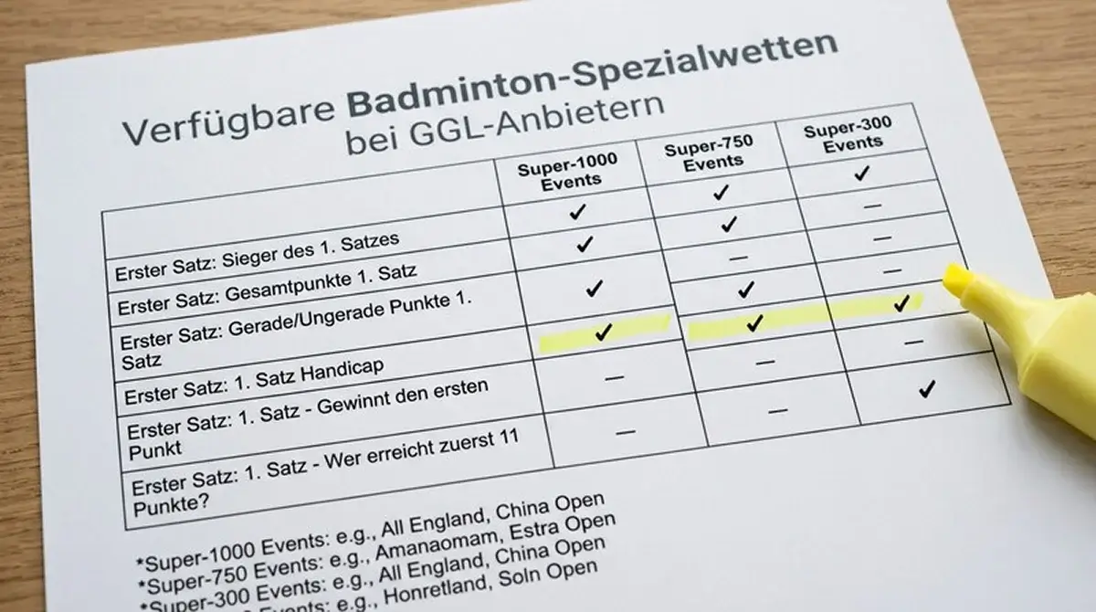 Übersicht der verfügbaren Badminton-Spezialwetten-Märkte bei GGL-lizenzierten deutschen Anbietern