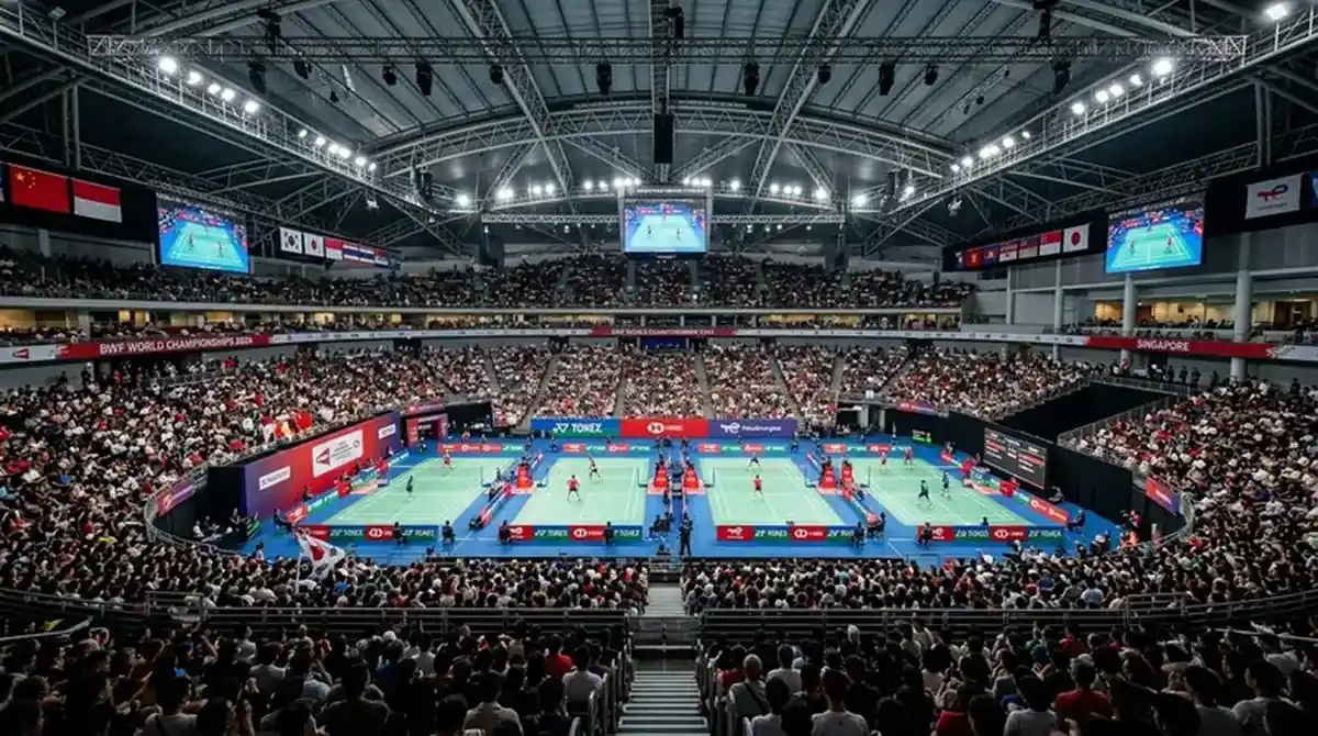 Badminton Super 1000 Kombiwetten – Spielhalle beim All England Open mit BWF-Bannern und vollem Publikum
