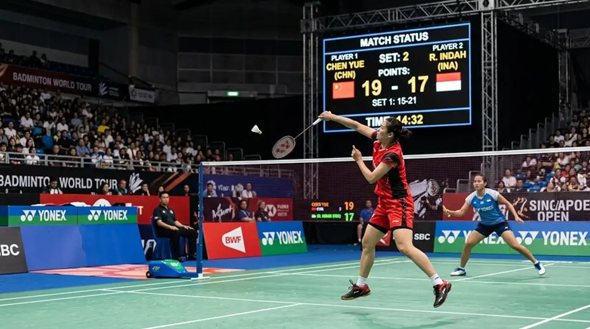 Badminton Über/Unter-Wetten in der Kombiwette – Spieler beim BWF-Match mit Punktestand-Anzeigetafel