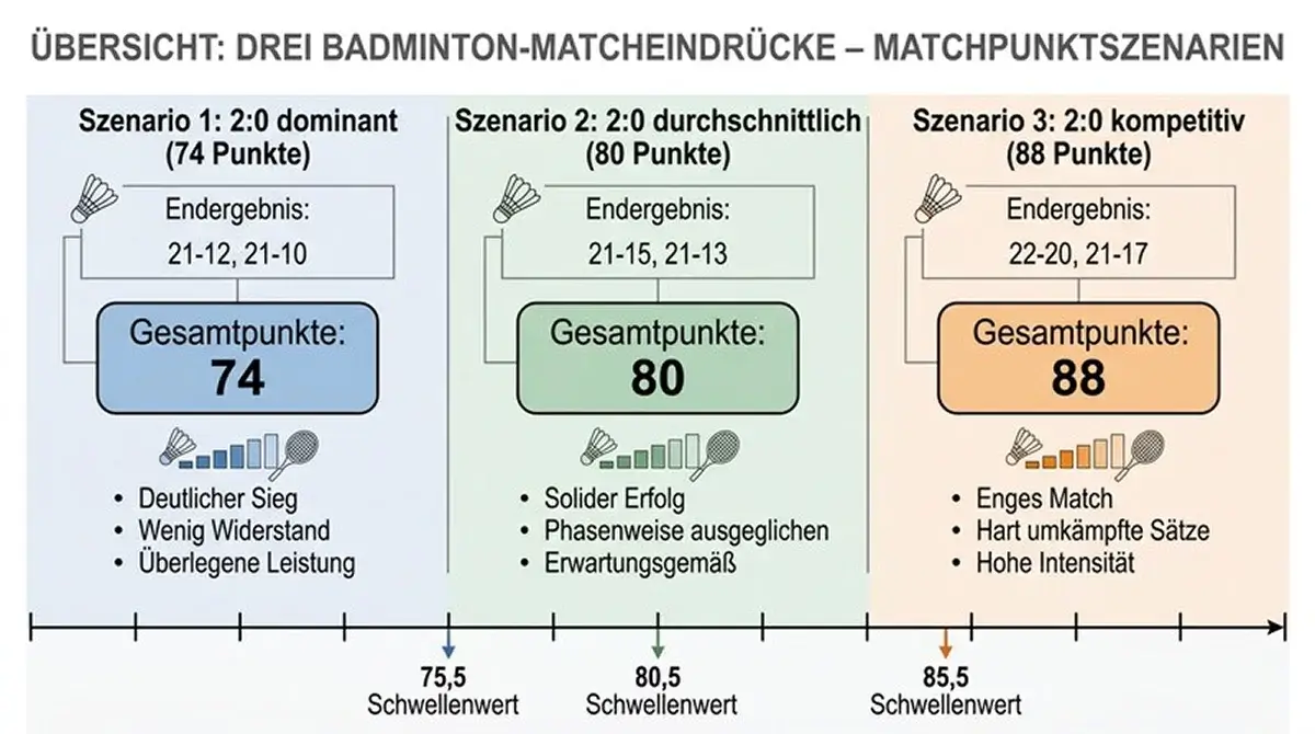 Vergleich der Über/Unter-Linien 75,5, 80,5 und 85,5 Gesamtpunkte beim Badminton mit typischen Spielszenarien