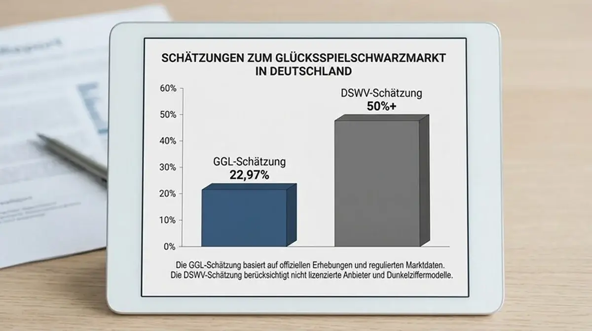 Grafik zum deutschen Sportwetten-Schwarzmarkt zeigt illegalen Marktanteil nach GGL- und DSWV-Schätzungen