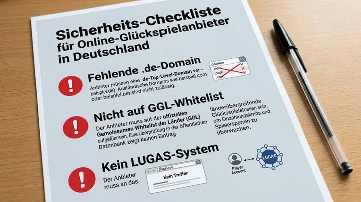 Checkliste mit Warnzeichen für illegale Badminton-Wettanbieter wie fehlende .de-Domain und kein LUGAS-Anschluss