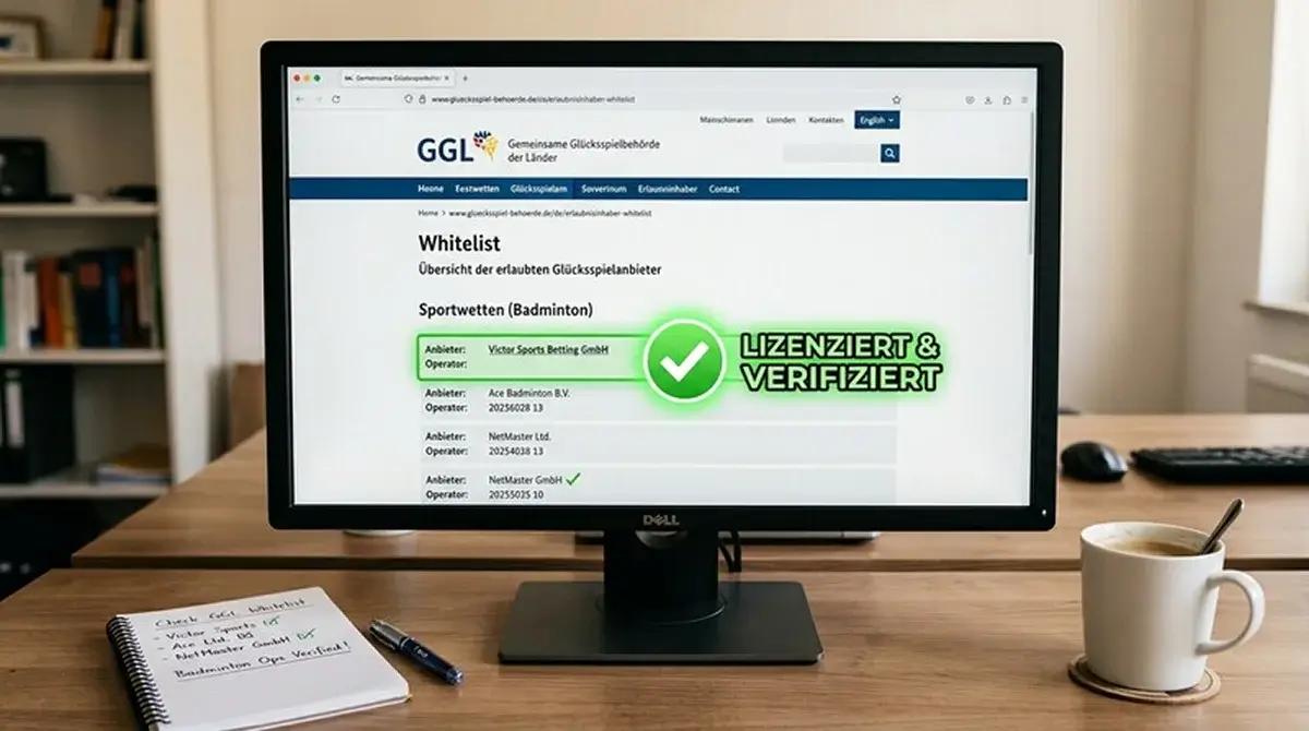 GGL-Whitelist-Prüfung im Browser zeigt lizenzierten Badminton-Wettanbieter mit .de-Domain