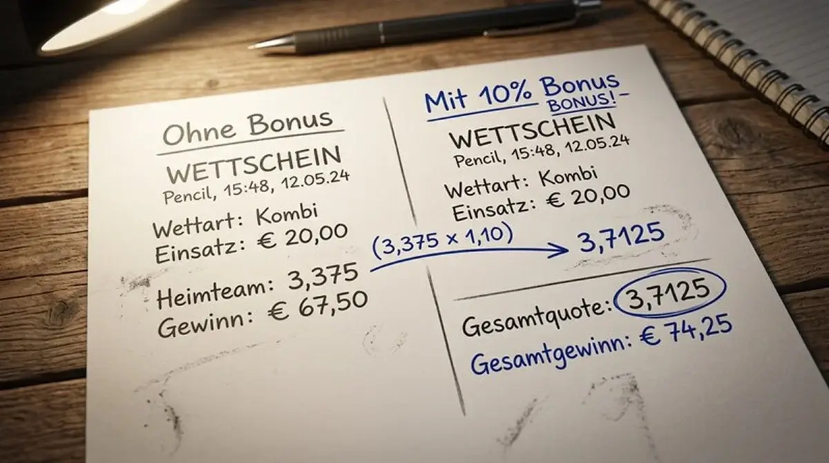 Berechnung des Kombi-Bonus Quotenaufschlags bei einer Badminton Kombiwette mit drei Auswahlen und 10 Prozent Aufschlag