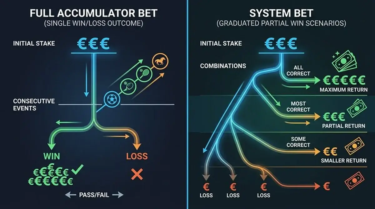 Risiko-Rendite-Vergleich Vollkombi vs. Systemwette beim Badminton mit konkreten Zahlen und Auszahlungsszenarien