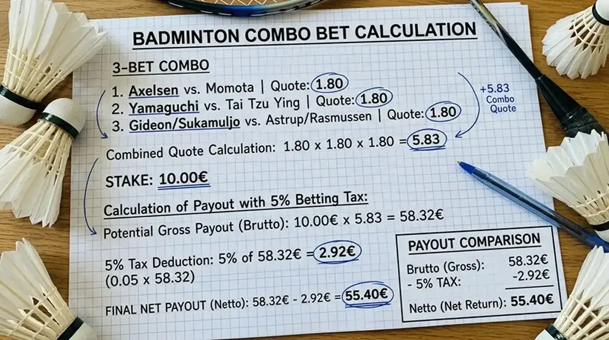 Effektive Rendite-Auswirkung der 5-Prozent-Wettsteuer auf Badminton-Kombiwetten-Auszahlungen