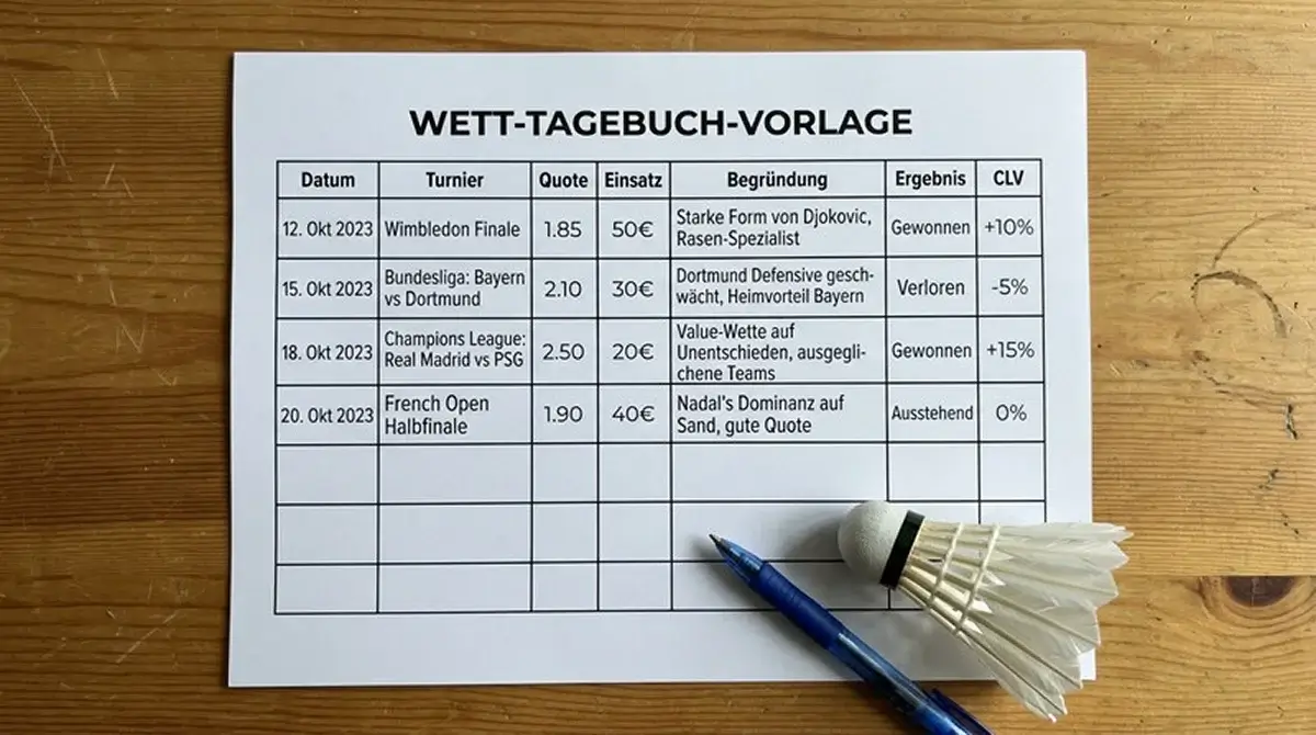 Tabellarische Struktur eines Wetttagebuches für Badminton-Kombiwetten mit allen wichtigen Datenfeldern